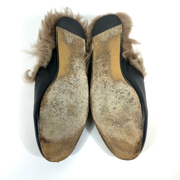Gucci Princeton Black Leather Fur Horsebit Gold Detail Slip On Mules 39.5 US 9.5 - Picture 12 of 15